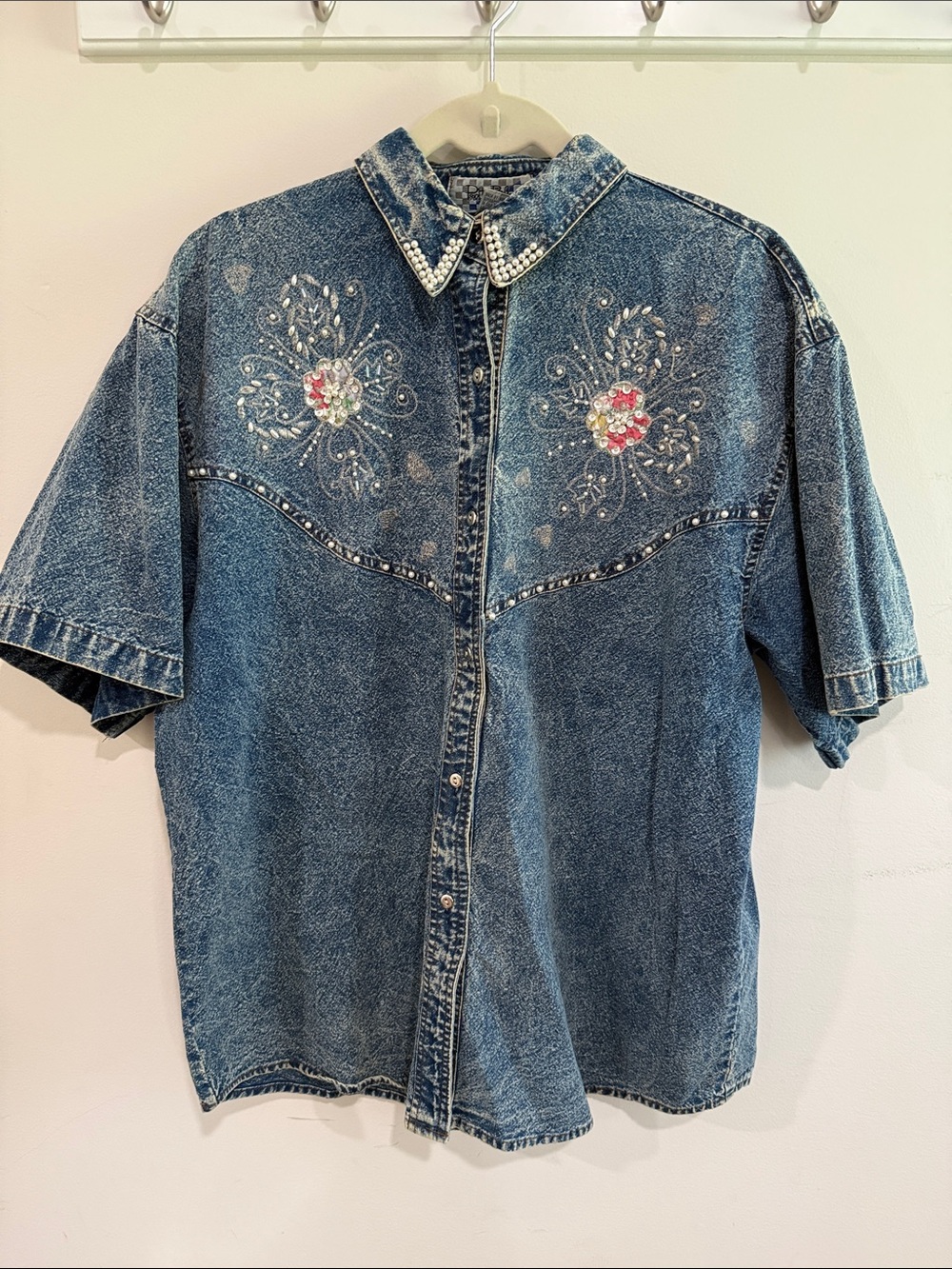 Vintage Woman’s Embellished Denim Short-Sleeve Button-Down Shirt - Blue